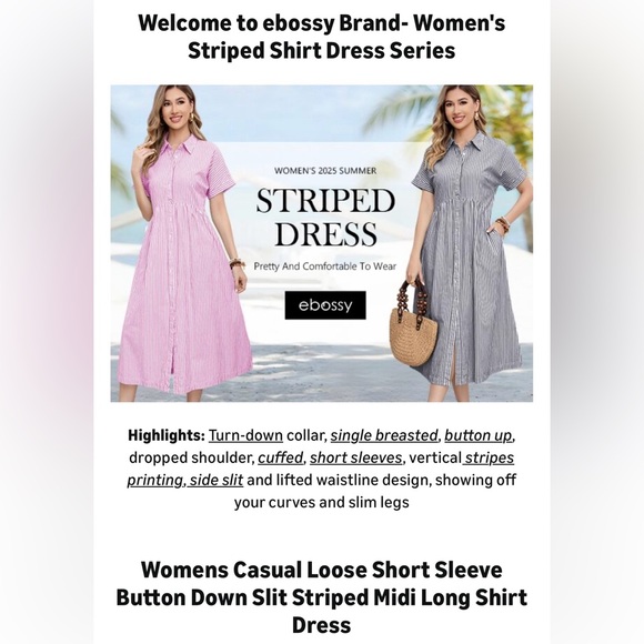 ebossy Boho Striped Button Up Side Slit Mid Long Cotton Shirt Dress with Pockets - Picture 14 of 16